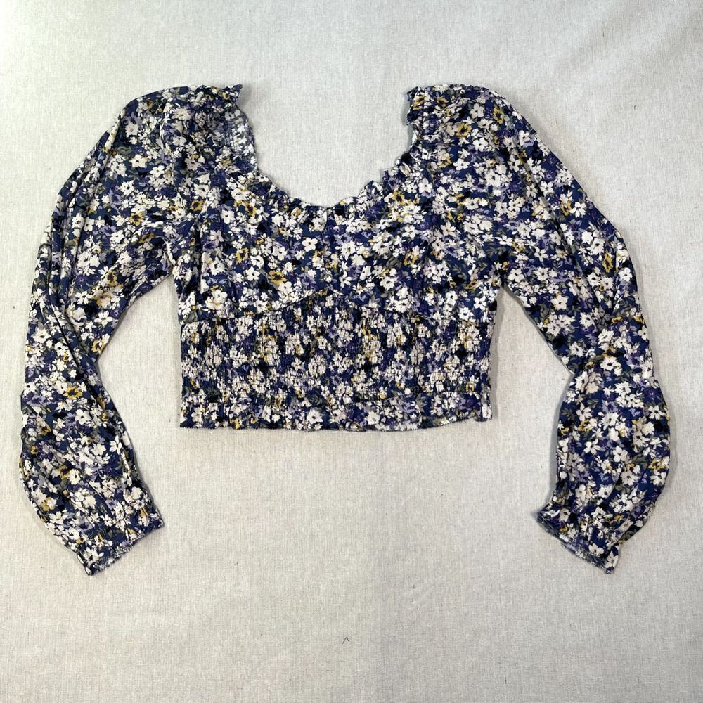 Elodie Blouse Women's Blue Floral Boho Peasant Crop Top Long Puff Slv Size L